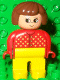 Minifig No: 4555pb008 Name: Duplo Figure, Female, Yellow Legs, Red Sweater with Yellow V Stitching, Brown Hair, Turned Up Nose Minifig No: 4555pb008 Name: Duplo Figure, Female, Yellow Legs, Red Sweater with Yellow V Stitching, Brown Hair, Turned Up Nose