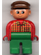Minifig No: 4555pb071 Name: Duplo Figure, Male, Green Legs, Red Top Plaid, Brown Cap Minifig No: 4555pb071 Name: Duplo Figure, Male, Green Legs, Red Top Plaid, Brown Cap