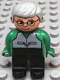 Minifig No: 4555pb166 Name: Duplo Figure, Male, Black Legs, Green Top with Vest, Gray Hair, Glasses Minifig No: 4555pb166 Name: Duplo Figure, Male, Black Legs, Green Top with Vest, Gray Hair, Glasses