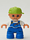 Minifig No: 47205pb002 Name: Duplo Figure Lego Ville, Child Boy, Blue Legs, White Top with Blue Overalls, Worms in Pocket, Lime Cap Minifig No: 47205pb002 Name: Duplo Figure Lego Ville, Child Boy, Blue Legs, White Top with Blue Overalls, Worms in Pocket, Lime Cap