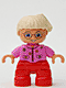 Minifig No: 47205pb006 Name: Duplo Figure Lego Ville, Child Girl, Red Legs, Dark Pink Top With Flowers, Light Blond Hair With Ponytail, Glasses Minifig No: 47205pb006 Name: Duplo Figure Lego Ville, Child Girl, Red Legs, Dark Pink Top With Flowers, Light Blond Hair With Ponytail, Glasses