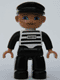 Minifig No: 47394pb035 Name: Duplo Figure Lego Ville, Male, Black Legs, Black and White Striped Top with Number 62019, Black Arms, Light Flesh Hands, Black Cap (Prisoner) Minifig No: 47394pb035 Name: Duplo Figure Lego Ville, Male, Black Legs, Black and White Striped Top with Number 62019, Black Arms, Light Flesh Hands, Black Cap (Prisoner)