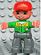 Minifig No: 47394pb101 Name: Duplo Figure Lego Ville, Male, Dark Bluish Gray Legs, Bright Green Button Down Shirt, Red Cap, Brown Eyes, Open Mouth Smile (Mechanic) Minifig No: 47394pb101 Name: Duplo Figure Lego Ville, Male, Dark Bluish Gray Legs, Bright Green Button Down Shirt, Red Cap, Brown Eyes, Open Mouth Smile (Mechanic)