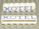 Part No: crssprt02pb23 Name: Brick 1 x 6 without Bottom Tubes with Cross Side Supports with Blue 'HOTEL' Curvy Pattern Part No: crssprt02pb23 Name: Brick 1 x 6 without Bottom Tubes with Cross Side Supports with Blue 'HOTEL' Curvy Pattern