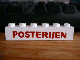 Part No: crssprt02pb40 Name: Brick 1 x 6 without Bottom Tubes with Cross Side Supports with Red 'POSTERIJEN' Bold Pattern Part No: crssprt02pb40 Name: Brick 1 x 6 without Bottom Tubes with Cross Side Supports with Red 'POSTERIJEN' Bold Pattern