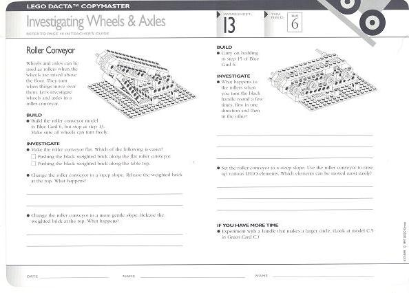 Set 9631 Worksheet Copy Master for Activity 13 / 14 - Investigating Wheels and Axles / Motorised Wheels and Axles