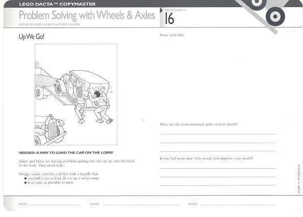 Set 9631 Worksheet Copy Master for Activity 16 - Problem Solving with Wheels and Axles - Up We Go!
