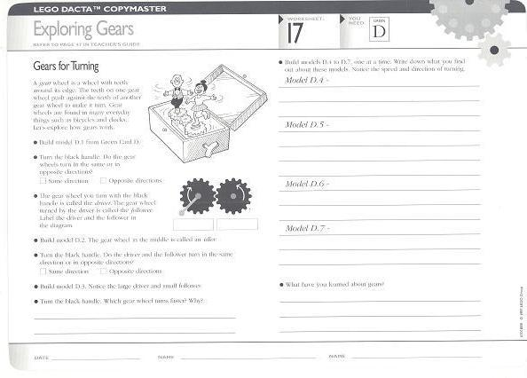 Set 9631 Worksheet Copy Master for Activity 17 - Exploring Gears