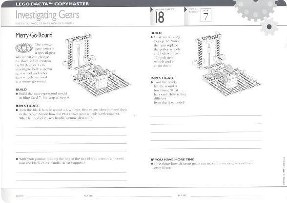 Set 9631 Worksheet Copy Master for Activity 18 / 19 - Investigating Gears