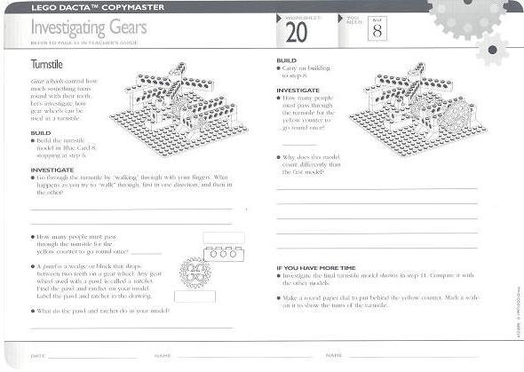 Set 9631 Worksheet Copy Master for Activity 20 - Investigating Gears