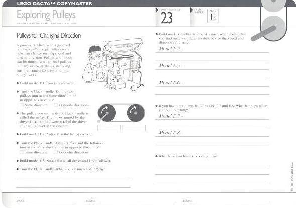Set 9631 Worksheet Copy Master for Activity 23 - Exploring Pulleys