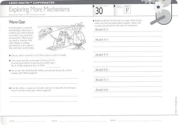 Set 9631 Worksheet Copy Master for Activity 30 - Exploring More Mechanisms