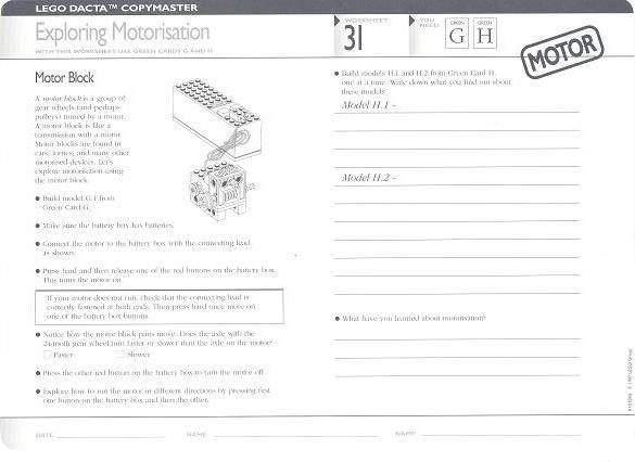 Set 9631 Worksheet Copy Master for Activity 31 - Exploring Motorisation
