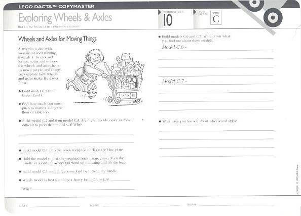 Set 9631 Worksheet Copy Master for Activity 10 - Exploring Wheels and Axles