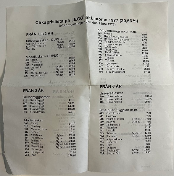 1977 Swedish Cirkaprislista på LEGO (price list)