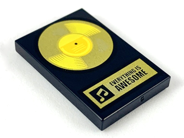 Lego Black Tile 2 x 3 with Gold Record 'EVERYTHING IS AWESOME' Pattern 