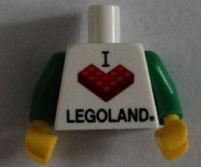 Lego New White Torso I Love LEGOLAND Heart Brick Pattern Green Arms Yellow Hands