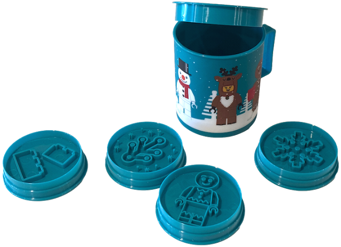 Cup / Mug with Lid and 4 Cookie Cutters with Gingerbread Man, Snowflake, Leaves and Bricks, Dark Turquoise - Cookie Cutter Mug