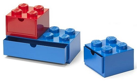 Storage Brick with Drawer, Set of 3 - Red 2 x 2, Blue 2 x 2, Blue 2 x 4 (Desk Drawer)