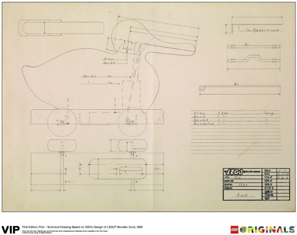 First Edition Print - Technical Drawing Based on 1930's Design of LEGO Wooden Duck, 1958