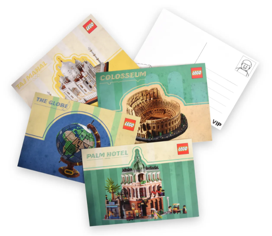 VIP Postcards - Colosseum, Palm Hotel, Taj Mahal, and The Globe