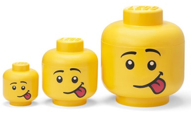 Minifigure Head Storage Container Mini, Small, and Large - Male Silly Sticking Tongue Out Set (4334)