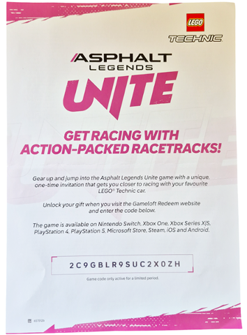 Flyer 2025 Technic Set 42208 Insert - Asphalt Legends Unite Game Code for Aston Martin Valkyrie