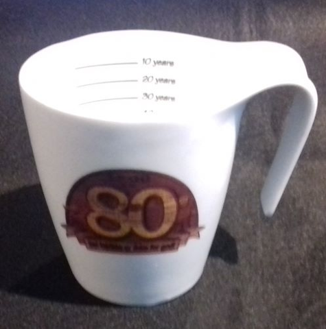 Cup / Mug '80' and 'Det bedste er ikke for Godt' with 80 Years List Measurements on Inside