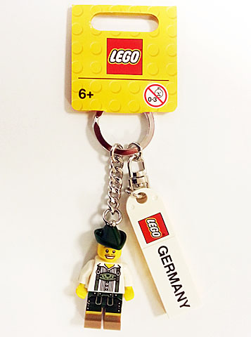 Minifigure Male with Lederhosen Key Chain with Lego Logo Tile, Modified 3 x 2 Curved and Tile 2 x 4 with 'GERMANY' Pattern