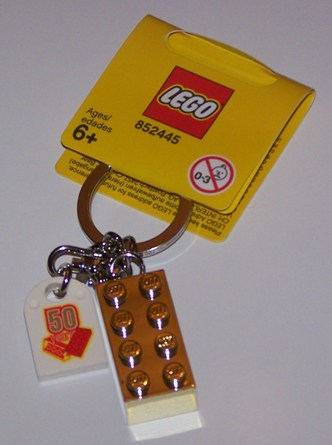 2 x 4 Brick - Chrome Gold Key Chain with Lego 50 Year Anniversary Logo Tile, Modified 3 x 2 Curved with Hole