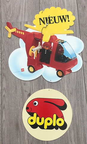 Display Sign Hanging, Duplo 2677 Fire Helicopter, Two-Part, Double-Sided