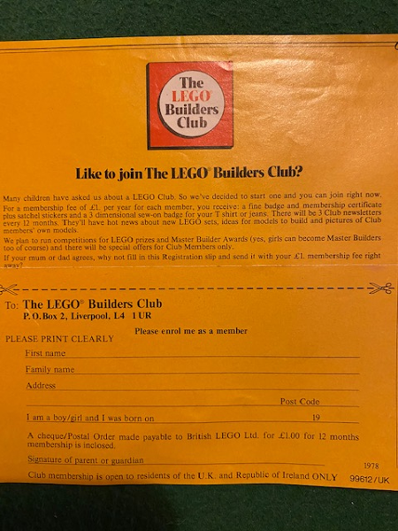 Membership Application Form for LEGO Builders Club 1978 (99612/UK)