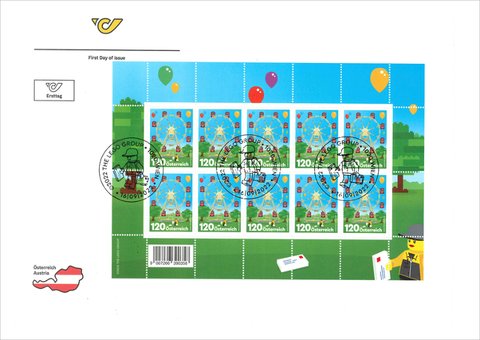 LEGO Stamp Austria First Day Cover, September 16, 2022 - 90 Years of LEGO (Sheet of 10)