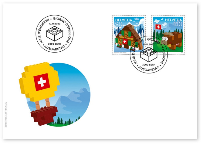 LEGO Stamp Switzerland First Day Cover, November 11, 2022 - Chalet and Cow