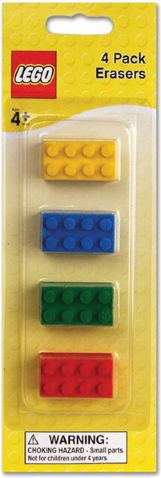 Eraser, LEGO Brick Eraser Set of 4 (Yellow, Blue, Green & Red) narrow blister pack