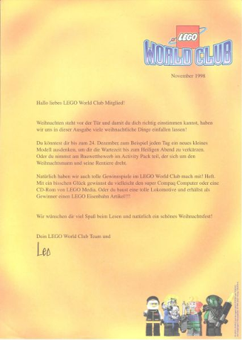 Lego World Club Letter to Members November 1998 (German)