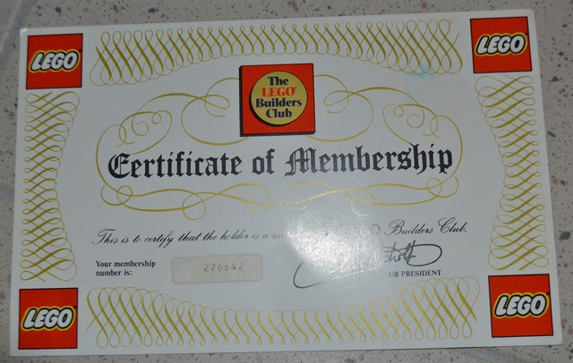 The LEGO Builders Club Certificate of Membership (small)