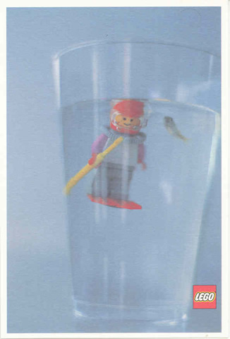 Postcard - Lego Art Project 2000 - 006 - Diver Minifigure in Glass of Water