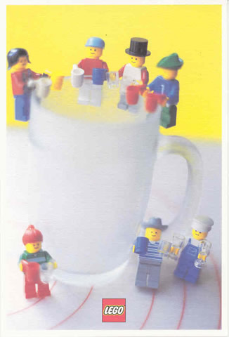 Postcard - Lego Art Project 2000 - 012 - 7 Minifigures with Cups and Glasses Hanging from Large Cup