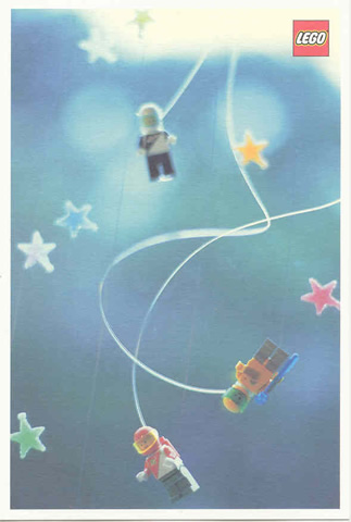 Postcard - Lego Art Project 2000 - 014 - 3 Space Minifigures Hanging by Lines with Stars