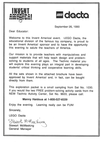 Invent America! 1990 Welcome Letter