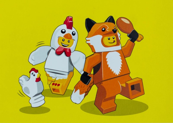 Postcard - Kinderpostzegels 2023 - Costumed Minifigures Fox and Chicken