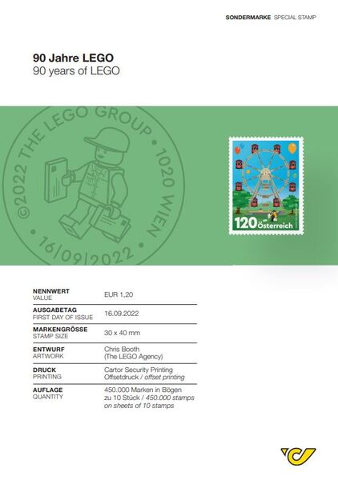 LEGO Stamp Austria 2022 - 90 Years of LEGO (Information Card with Stamp Included)