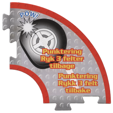 Racers Game Track Piece Special Flat Tire with Yellow 'Punktering - Ryk 3 felter tilbage / Punktering - Rykk 3 felt tilbake' Pattern