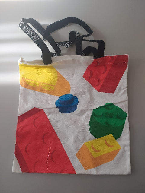 Tote Bag, Blue, Green, Red, and Yellow Bricks, LEGO Logo on Reverse Pattern