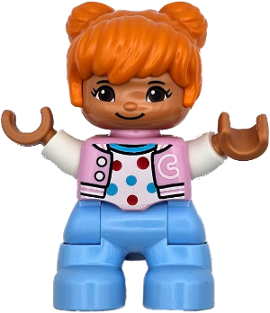 Duplo Figure Lego Ville Child Girl Bright Light Blue Legs Bright Pink Jacket with Capital Letter C Polka Dot Shirt Orange Hair 6469539 Minifigure 47205pb112 BrickLink