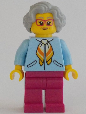 BrickLink - Minifigure cty1342 : LEGO Woman, Bright Light Jacket, Magenta Legs, Light Bluish Gray Glasses - BrickLink Reference Catalog