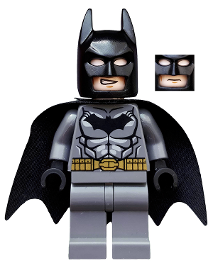 Batman Dark Bluish Gray Suit, Gold Belt, Black Hands, Starched Cape Minifigure dim002 | BrickLink
