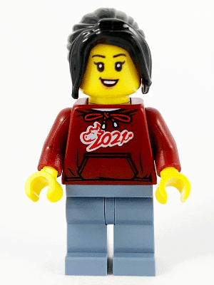 BrickLink - Minifigure hol229 LEGO Woman, Dark Red '2021' Shirt, Sand Blue Legs, Long Black Hair [Holiday & Event:Chinese New - BrickLink Reference Catalog