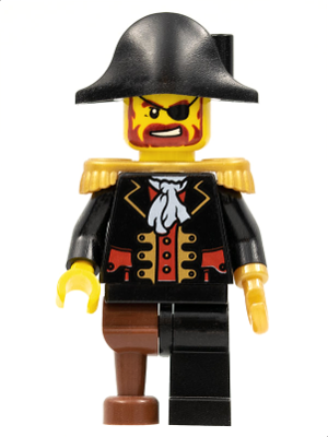 LEGO Set fig-007435 Pirate Captain, Black Jacket, Pearl Gold Hook, Bicorne  Hat